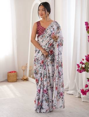 White chinon printed elegant saree with swarovski work 5