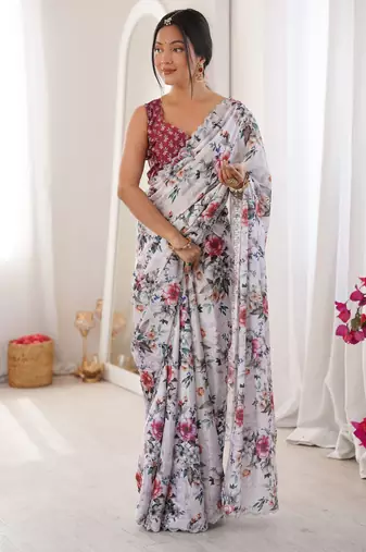 White chinon printed elegant saree with swarovski work