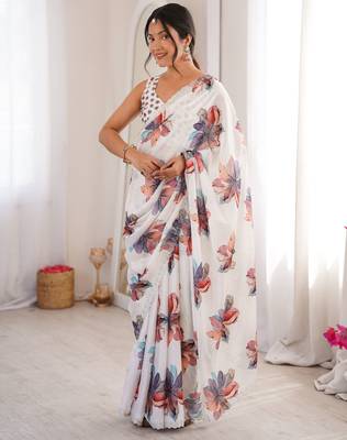 White chinon printed elegant saree with swarovski work 1