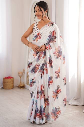 White color chinon fabric designer printed elegant saree with swarovski work
