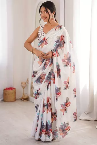 White color chinon fabric designer printed elegant saree with swarovski work