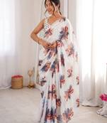 White chinon fabric designer printed elegant saree with swarovski work
