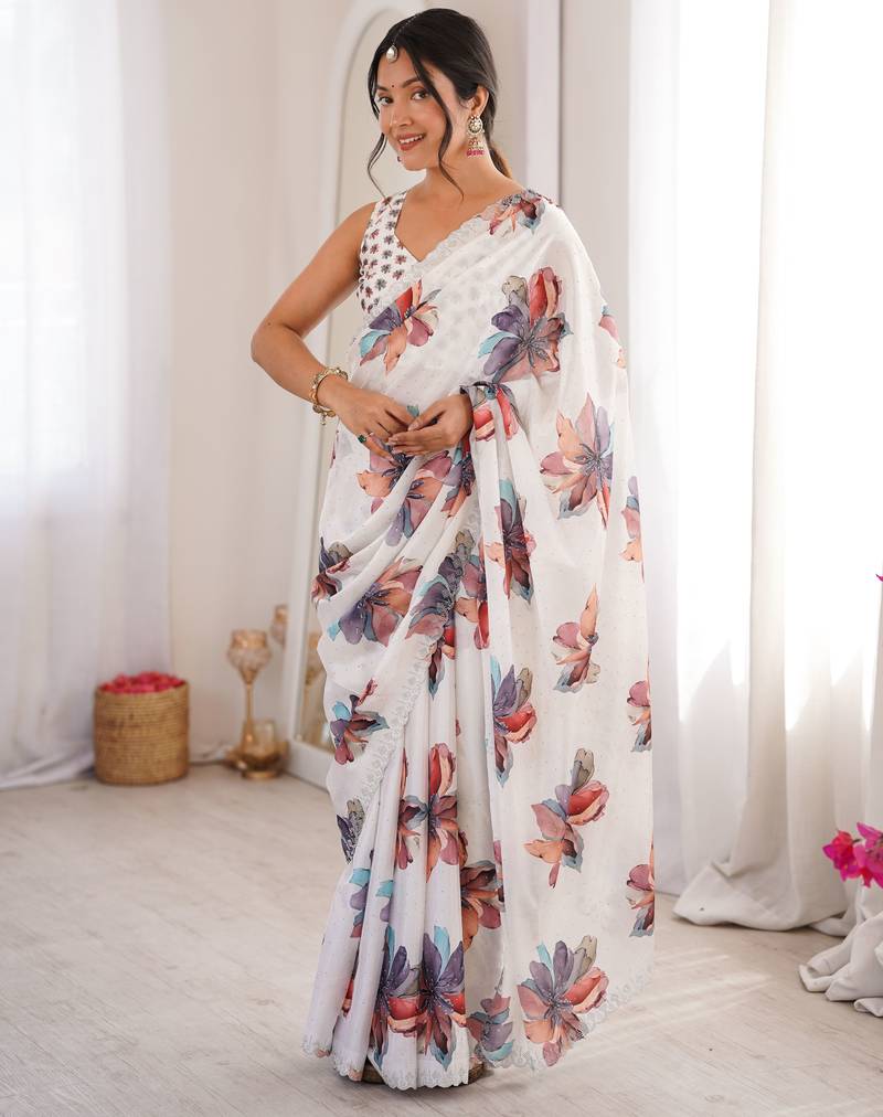White color chinon fabric designer printed elegant saree with swarovski work