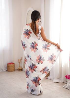 White chinon printed elegant saree with swarovski work 2