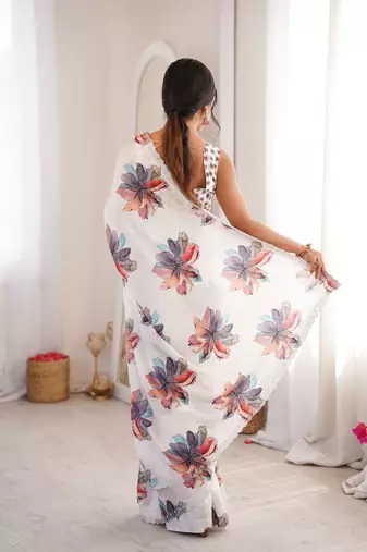White chinon printed elegant saree with swarovski work