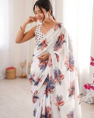 White chinon printed elegant saree with swarovski work 3