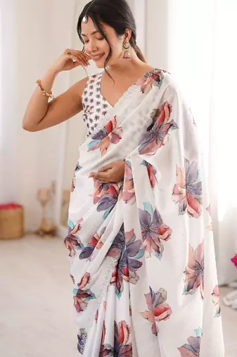 White chinon printed elegant saree with swarovski work