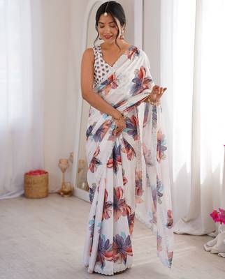 White chinon printed elegant saree with swarovski work 4