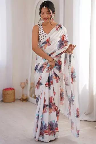 White chinon printed elegant saree with swarovski work