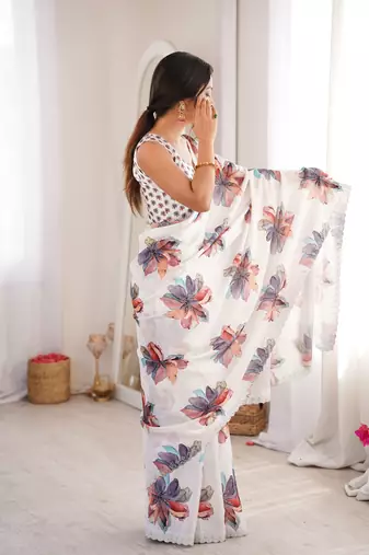 White chinon printed elegant saree with swarovski work