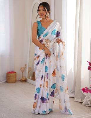 White chinon printed elegant saree with swarovski work 1