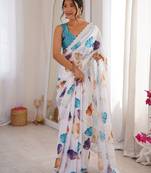 White chinon fabric designer printed elegant saree with swarovski work