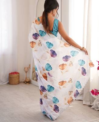 White chinon printed elegant saree with swarovski work 2