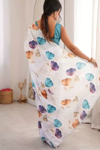 White chinon printed elegant saree with swarovski work