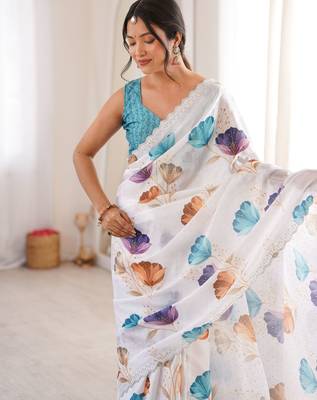 White chinon printed elegant saree with swarovski work 3