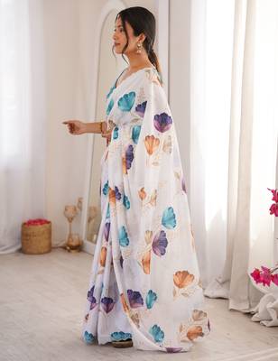 White chinon printed elegant saree with swarovski work 4