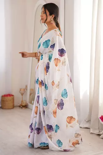 White chinon printed elegant saree with swarovski work