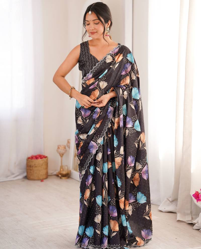 Black color chinon fabric designer printed elegant saree with swarovski work