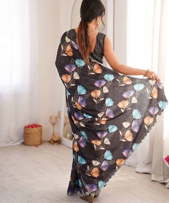 Black chinon printed elegant saree with swarovski work 2