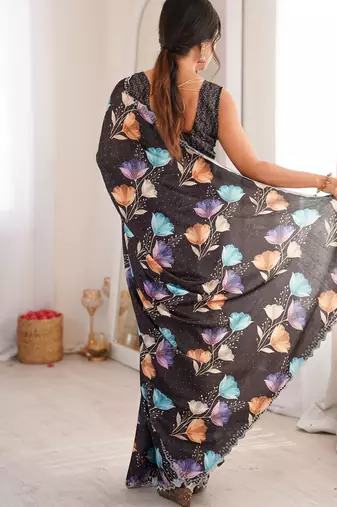 Black chinon printed elegant saree with swarovski work