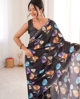 Black chinon printed elegant saree with swarovski work 3