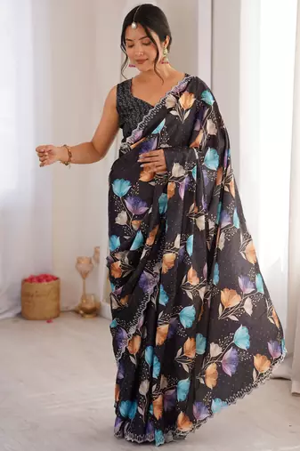 Black chinon printed elegant saree with swarovski work