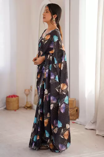Black chinon printed elegant saree with swarovski work