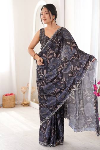 Black color chinon fabric designer printed elegant saree with swarovski work