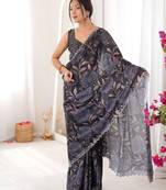 Black chinon fabric designer printed elegant saree with swarovski work