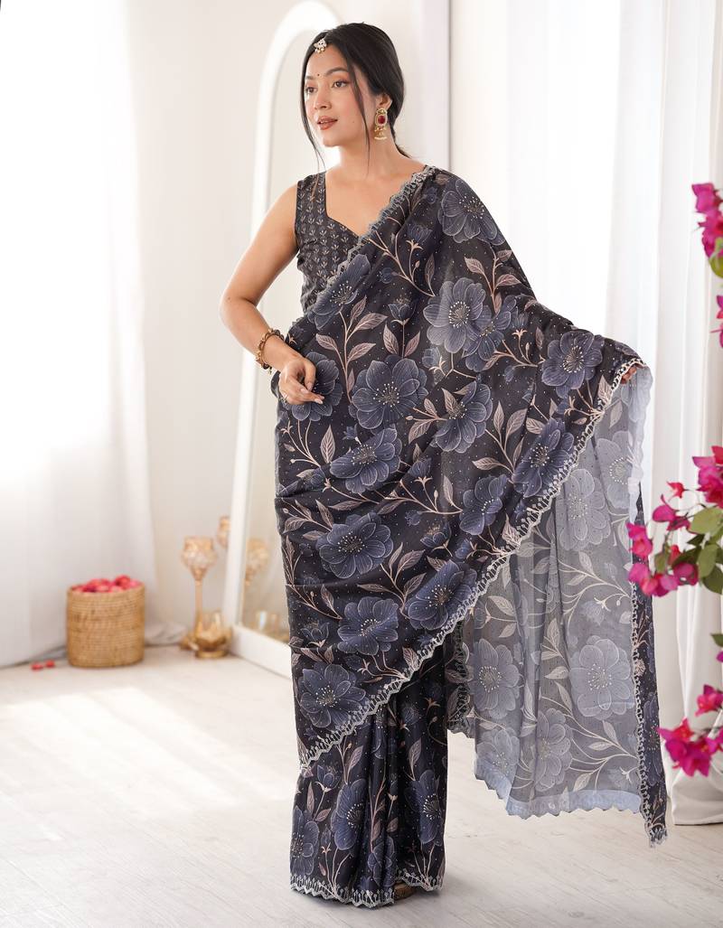 Black color chinon fabric designer printed elegant saree with swarovski work