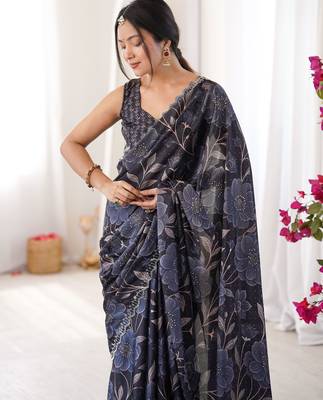 Black chinon printed elegant saree with swarovski work 3