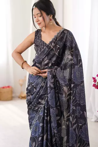 Black chinon printed elegant saree with swarovski work