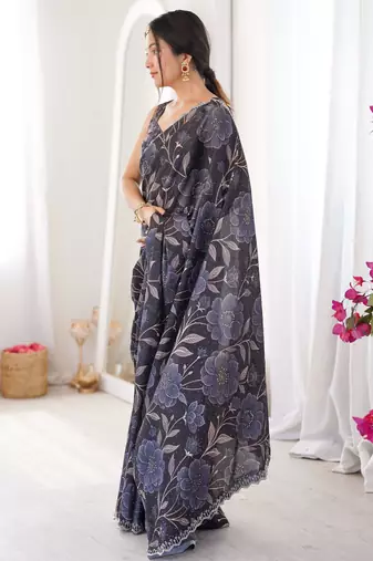 Black chinon printed elegant saree with swarovski work