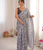Grey chinon fabric designer printed elegant saree with swarovski work