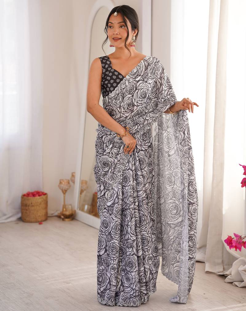 Grey color chinon fabric designer printed elegant saree with swarovski work