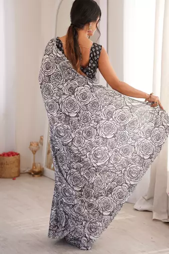 Grey chinon printed elegant saree with swarovski work