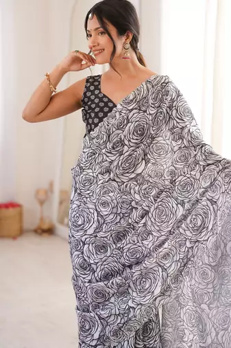 Grey chinon printed elegant saree with swarovski work