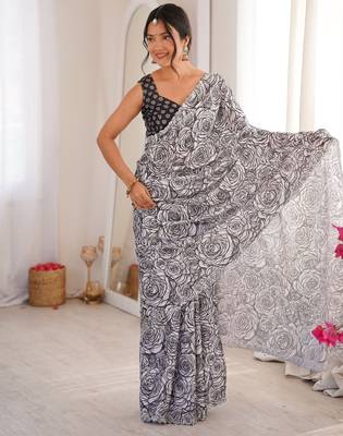Grey chinon printed elegant saree with swarovski work 4