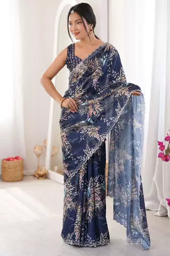 Blue color chinon fabric designer printed elegant saree with swarovski work