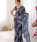Blue chinon fabric designer printed elegant saree with swarovski work