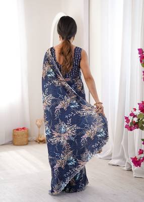 Blue chinon printed elegant saree with swarovski work 2