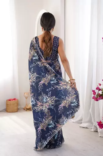 Blue chinon printed elegant saree with swarovski work