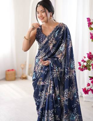 Blue chinon printed elegant saree with swarovski work 3