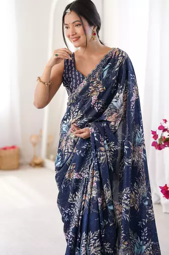 Blue chinon printed elegant saree with swarovski work