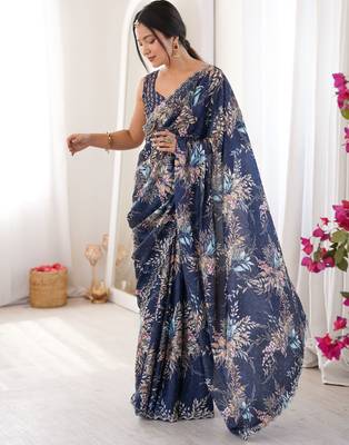 Blue chinon printed elegant saree with swarovski work 4