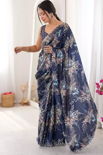 Blue chinon printed elegant saree with swarovski work