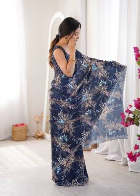 Blue chinon printed elegant saree with swarovski work 5