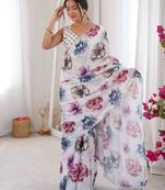 White chinon fabric designer printed elegant saree with swarovski work