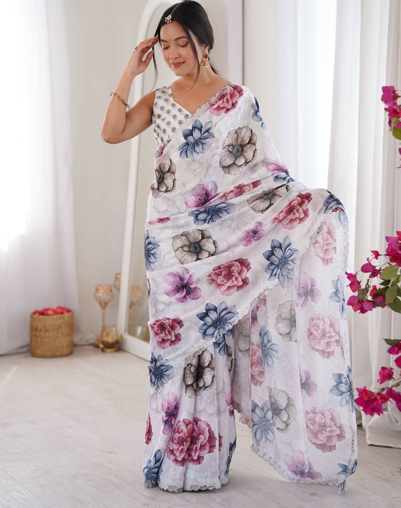 White color chinon fabric designer printed elegant saree with swarovski work