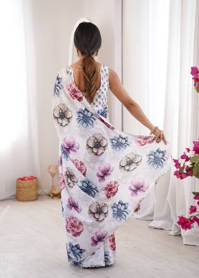 White chinon printed elegant saree with swarovski work 2